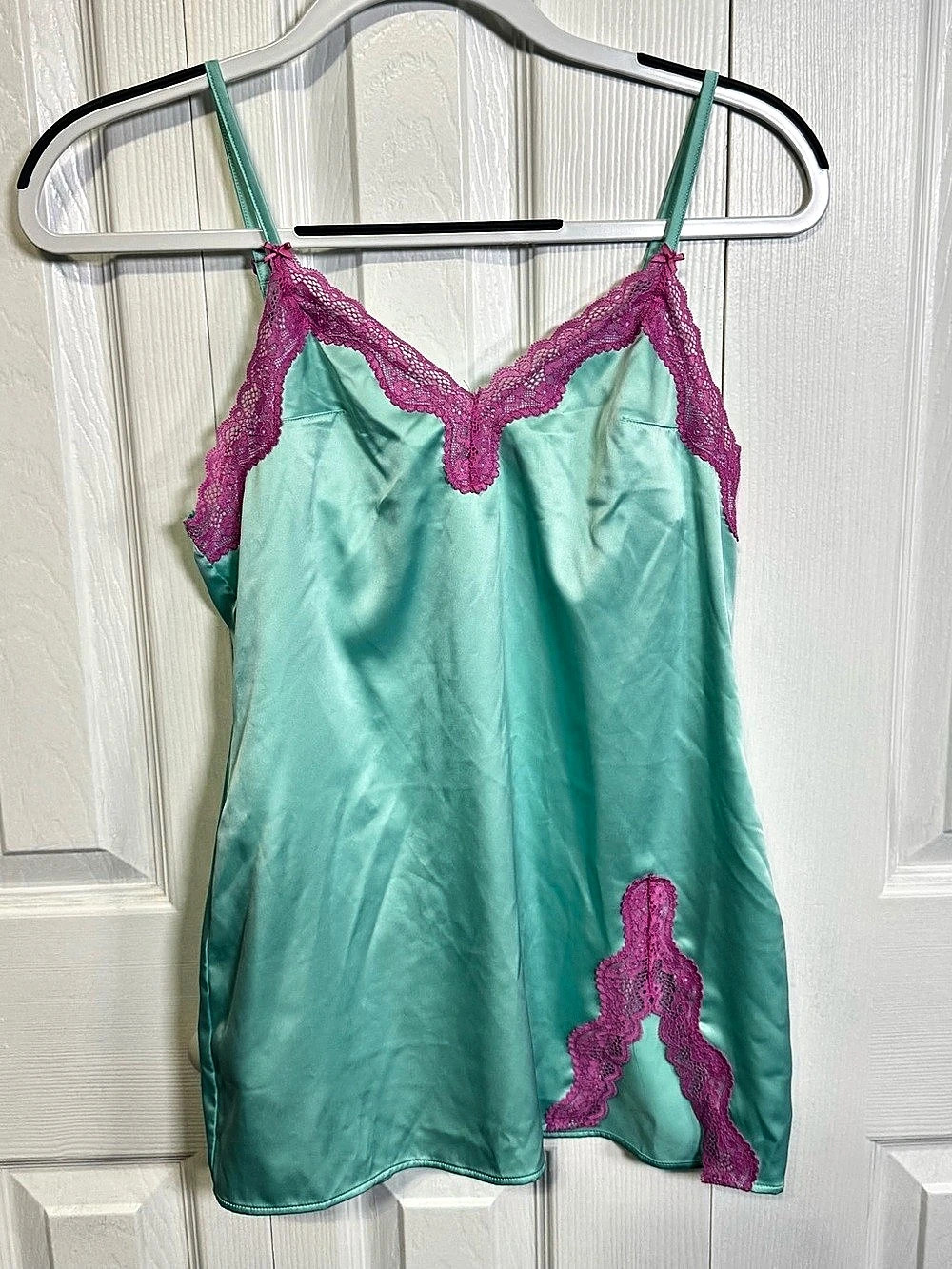 Victoria’s Secret Aqua Satin Pink Lace Slip Small